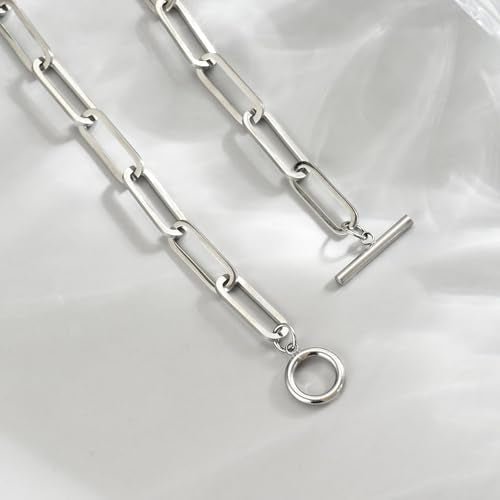 18K Gold Plated Chunky Chain Necklace for Women Dainty Cuban Paperclip Chain Toggle Bar Clasp Necklace Thick Trendy Layering Gold Chain Link Stainless Steel Jewelry - style: Toggle Paperclip-White Gold