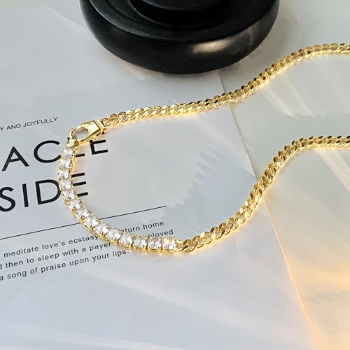 IMBOS 14K Gold Plated Chunky Chain Choker Necklaces for Women Chunky Gold Necklace Tennis Necklace for Women CZ Love Chain Cuban Link Choker Jewelry Gifts - color: Gold-Chunky Tennis
