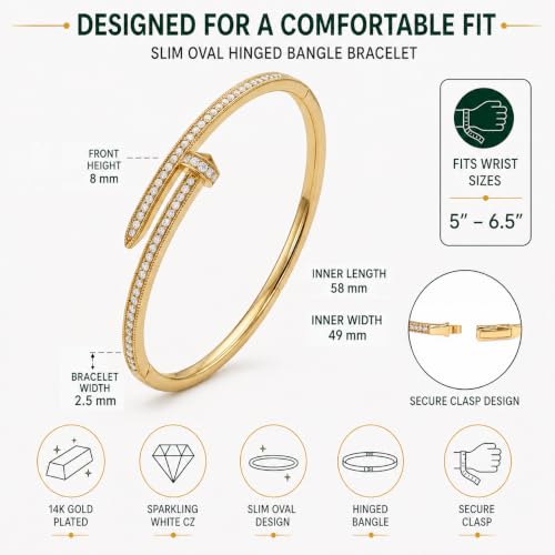 AuraLyric Gold Bracelets for Women, 14K Gold Plated Nail/Love/Emerald Green/Teardrop/Round White CZ Bangle Bracelets, Stackable Gold Bangles Non Tarnish, Gifts for Wife Mom Daughter 6.5 Inch - color: White CZ - Pave Set