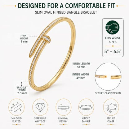 AuraLyric Gold Bracelets for Women, 14K Gold Plated Nail/Love/Emerald Green/Teardrop/Round White CZ Bangle Bracelets, Stackable Gold Bangles Non Tarnish, Gifts for Wife Mom Daughter 6.5 Inch - color: White CZ - Pave Set