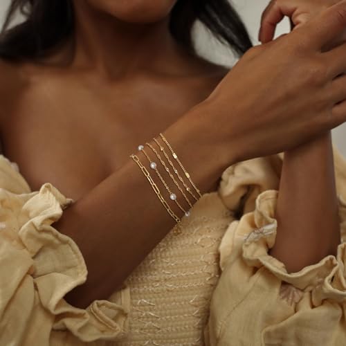 Dainty 14K Gold Plated Bracelets for Women Waterproof, Non Tarnish Gold Jewelry Sets, Thin Stackable Link Paperclip Chain Bracelet Pack Fashion Accessories Gifts for Womens - style: 5Pcs BRACELET SET-05