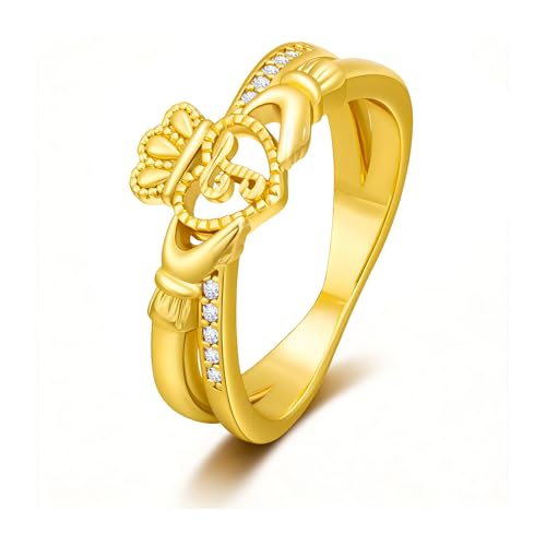 Gold Initial Crown Rings for Women Non Tarnish 14K Gold Plated Vintage Heart Thumb Rings Personalized Carved Anniversary Valentine's Day Gifts - color: Gold-J