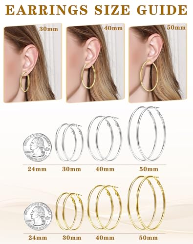 4 Pairs Gold Sliver Hoop Earrings For Women, Hypoallergenic Surgic Steel | 14K Gold Plated Stainless Steel, 30/40/50/60mm, Small Medium Large Size, Thin, Lightweight - color: 6 Pairs Gold+Silver-30/40/50mm