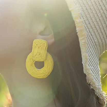 Statement Raffia Earrings Cute Boho Earrings Rattan Dangle Earrings Handmade Straw Wrap Earrings Summer Drop Dangling Earrings for Women Teen Girls - color: Yellow