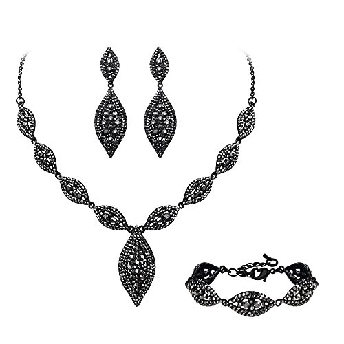 Flyonce Wedding Jewelry Set Rhinestone Crystal Bridal Leaf Necklace Drop Dangle Chandelier Earrings Sets for Women - color: Charcoal Grey