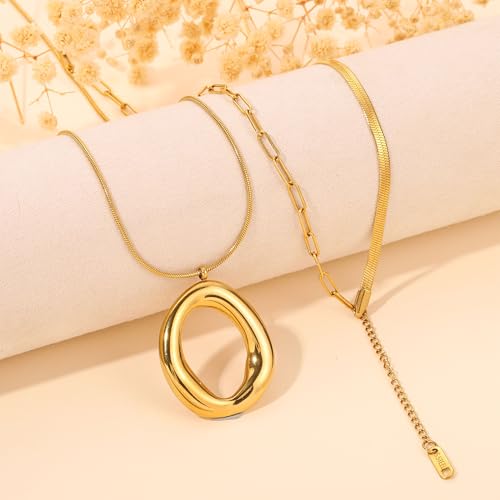 Layered Gold Necklaces for Women,18K Real Gold Plated Trendy Circle Pendant Necklace, Stackable Necklace Stainless Steel Jewelry Gifts for Birthday Valentine's, Mother's Day & Christmas - style: Gold-A
