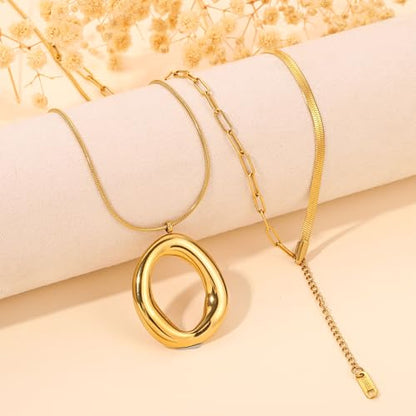 Layered Gold Necklaces for Women,18K Real Gold Plated Trendy Circle Pendant Necklace, Stackable Necklace Stainless Steel Jewelry Gifts for Birthday Valentine's, Mother's Day & Christmas - style: Gold-A