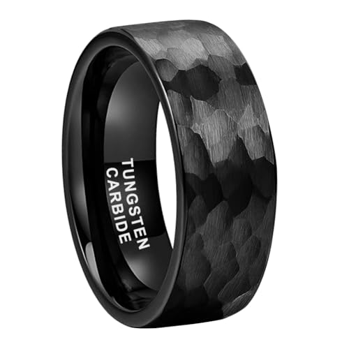 TUTISS 6mm 8mm Silver/Black/Gunmetal/Gold/Rose Gold Hammered Tungsten Rings for Men Women Couple Fashion Jewelry Engagement Wedding Bands Matte Finish Comfort Fit - color: 8mm Black Tungsten