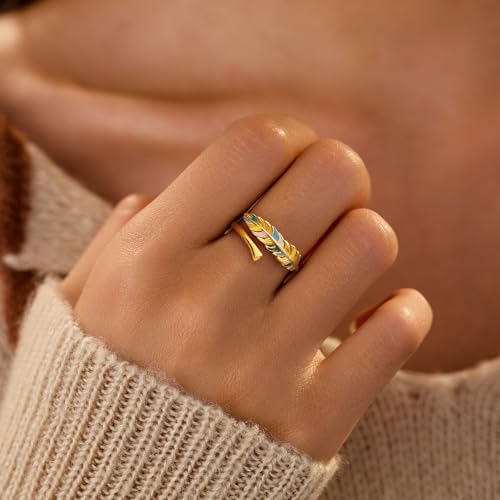 LOVECOM 14k Gold Plated Colorful Enamel Feather Rings for Women 925 Sterling Silver Adjustable Animal Feather Western Wrap Ring Cute Open Finger Thumb Ring Jewelry Birthday Gifts to Daughter