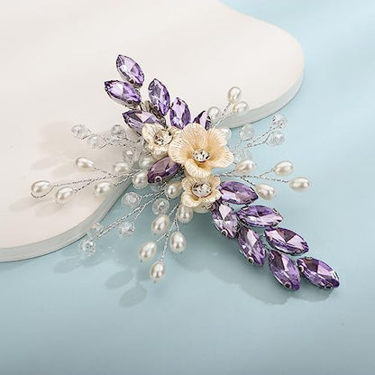 Xerling Light Purple Rhinestones Crystal Flower Hair Barrettes Clip Boho Bridal Pearl Hair Jewelry Accessories for Women Wedding Floral Headpieces (Purple A) - color: Purple A