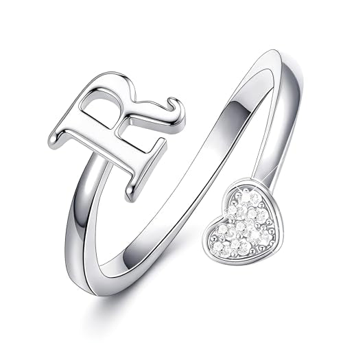 Lunvky Birthday Gifts Silver Initial Rings for Women Teen Girl Kids Trendy Stuff Dainty 14K Gold Plated Adjustable Heart Letter Thumb Rings Pinky Cute Jewelry Personalized Gift - color: Silver, size: Initial-R