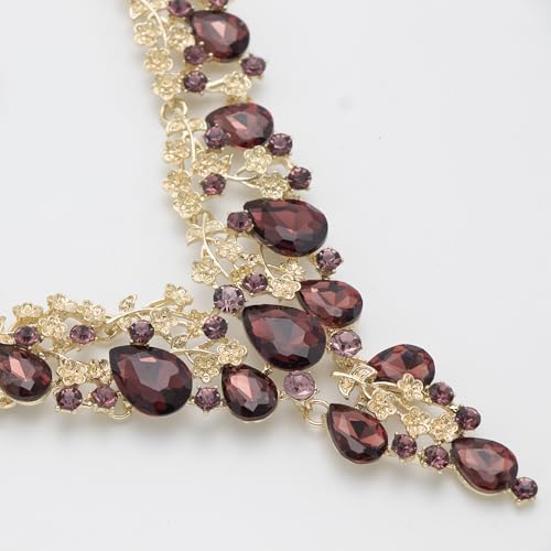 Bridal Bridesmaid Austrian Crystal Jewelry Set, Floarl rhinestone Statement Neckace Teardrop Necklace Drop Dangle Earrings Set - color: Amethyst-Gold Tone