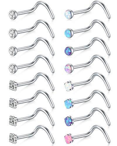 Briana Williams 20G Nose Screw Studs - Surgical Steel Nose Rings, 1.5mm, 2mm, 2.5mm CZ Inlaid Opal Nostril Piercing Jewelry - color: B -2mm clear CZ & colorful Opal