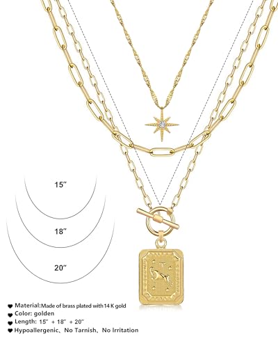 MJartoria Layered Necklaces for Women, 14K Gold Plated Brass | Star Choker, Square Birth Flower, Paperclip Chain, Trendy - color: Gold, style: ZZ-Aries
