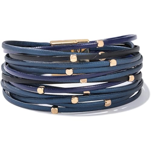 Stackable Beaded Leather Wrap Bracelet Boho Western Country Beach Jewelry | Layered Bead Stack Multi Strand Magnetic Clasp Cuff Bangle Bohemian Hippie Cowgirl Fashion Summer Vacation Outfits for Women - color: Blue