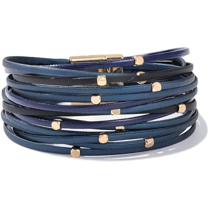 Stackable Beaded Leather Wrap Bracelet Boho Western Country Beach Jewelry | Layered Bead Stack Multi Strand Magnetic Clasp Cuff Bangle Bohemian Hippie Cowgirl Fashion Summer Vacation Outfits for Women - color: Blue