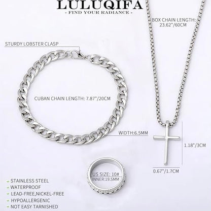 3-Piece Cross Pendant Necklaces Bracelets Rings Jewelry Sets for Men Women,Cuban Chain Bangle,Adjustable Box Link,Religious Charm,Fashion Jewelry Accessories for Party Birthday Gifts - color: Silver