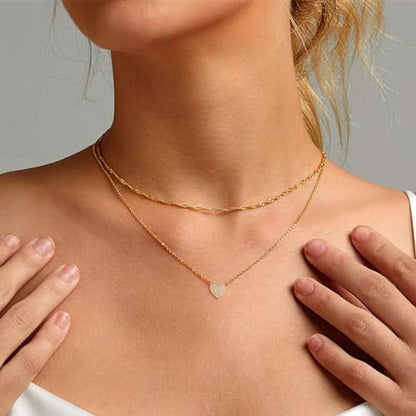 Gold Layered Necklaces for Women, 14K Gold Plated Paperclip Snake Chain Necklace Set, Dainty Coin Cross Tear Pendant Layering Choker Necklaces, Simple Trendy Stackable Jewelry Gifts - color: Diamond Heart Necklace