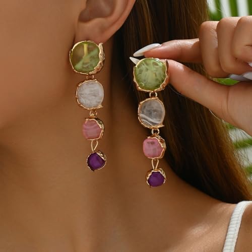 Vintage Colorful Geometric Resin Crystal Gemstone Statement Large Earrings for Women Jewelry - color: B