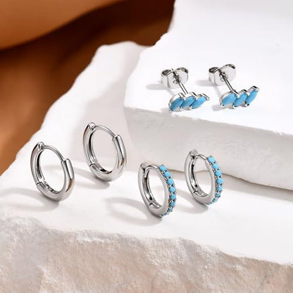 3 Pairs Mini Hoop Earrings Set Turquoise Cubic Zirconia Huggie Hoop Cartilage Earring Ear Cuff for Women (Turquoise/CZ) - color: *Turquoise-G