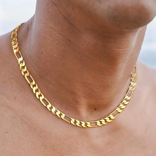 7mm Gold Figaro Link Chain Necklace for Men ＆ Women，14K Gold Chain Necklace for Women & Men Chains for Mens Figaro Chains Necklaces,Dainty Jewelry Gifts Size 18/20/ 22/ 24in - size: 22inch