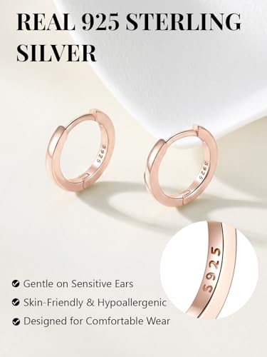 925 Sterling Silver Huggie Hoop Earrings, Small Silver Hoop Earrings for Women Hypoallergenic Huggie Lightweight Small Hoops Earring Cartilage Sleeper Earrings 6/8/10/12/14/16/18/20mm - color: Rose Gold, size: 8MM