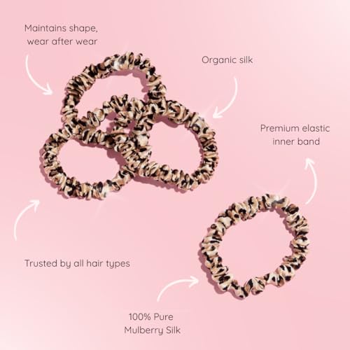 SILKIE x4 Set - Forget Satin - 100% Pure Mulberry Silk Black Brown Leopard Skinny Scrunchies Travel Pouch Everyday Hair Ties Elastics Hair Care Ponytail Holder No Damage (Savannah) - color: Savannah