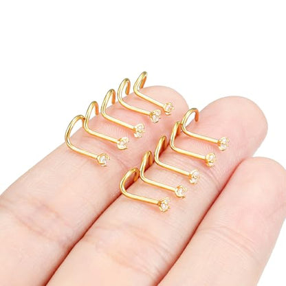 Hoeudjo Nose Studs Surgical Steel Cubic Zirconia Nose Rings Kit for Women Men Tiny Nose Stud Bone & Screw & L Shaped Nostril Piercing Jewelry 24/22/20/18 Gauge 10 Pieces - color: gold-tone,screw nose studs, size: 20g/2mm clear CZ