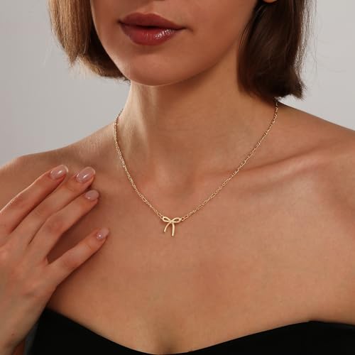 Gold Silver Necklace for Women, Dainty Cubic Zirconia Pendant | Teardrop CZ Charm, 14K Gold/Sterling Silver Plated, Adjustable Chain, Hypoallergenic & Waterproof Jewelry, Cute Trendy Gift - color: Gold-Bow/figaro chain