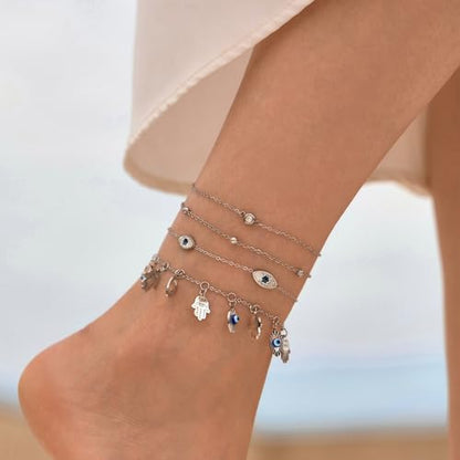 LOFITOR Anklets for Women Ankle Bracelet Charm Link Chain Set Foot | Waterproof Dainty Cz Evil Eye Beaded Anklets Adjustable Beach Foot Jewelry Feet Chains, Summer Beach Foot Jewelry Gifts - style: Evil-eye Gold