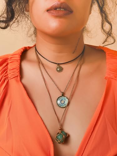 MINACHI Bohemian Retro Style Multi Layer Necklace, Green Crystal Sun and Floral Pendant, Ethnic Jewelry for Women - style: Necklace R17-052