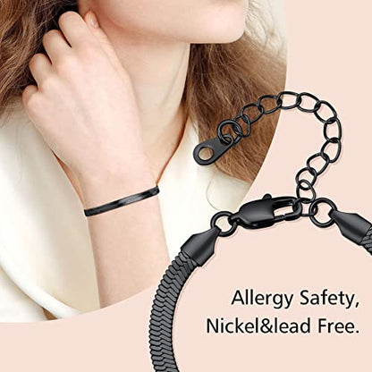 FindChic Elegant Herringbone Snake Chain Anklets/Bracelets 3MM/5MM Width Stainless Steel/18K Gold/Rose Gold Plated/Black 4 Color Options, 8.3'' 8.5'' 10.5'' Length, with Gift Box - color: B: 5mm 6.3'' bracelet (Black)
