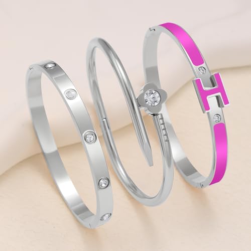 3Pcs Gold Bracelets for Women 14K Gold Plated Love/H/Nail Bangle Bracelet Dainty Non Tarnish Bracelet Jewelry Christmas Mothers Day Gifts for Women - color: 3Pcs Silver/Purple H bracelet