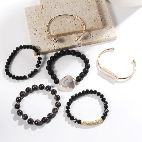 Yomisa 5PCS 6PCS Natural Boho Beaded Bracelets/Bangle for Women Men,Healing Turquoise Jasper Agate Crystal Gemstone Stone Chakra Multilayer Wrap Bohemian Handmade Jewelry Beads Stretch Bracelet Set - color: 6PCS-Black