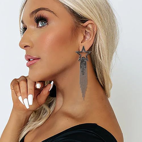 EVER FAITH Crystal Long Waterfall Star Tassel Clip-on Earrings for Women | Rhinestone Beaded Fringe Chandelier Dangle Statement Earring, Wedding Party Jewelry - color: Black Black-Tone