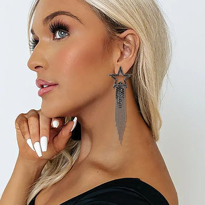 EVER FAITH Crystal Long Waterfall Star Tassel Clip-on Earrings for Women | Rhinestone Beaded Fringe Chandelier Dangle Statement Earring, Wedding Party Jewelry - color: Black Black-Tone