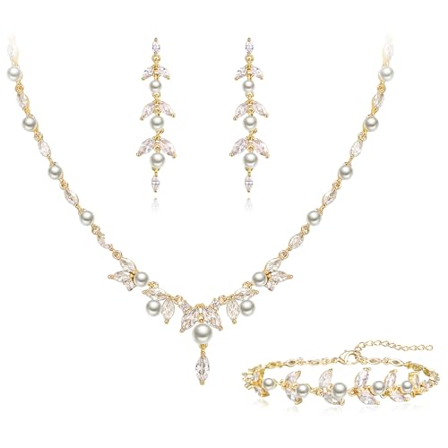EleQueen Women's Simulated Pearl Wedding Jewelry Set for Brides | Cubic Zirconia Necklace Earrings Bracelet Set for Brides Bridesmaids, Bridal Jewelry Set for Anniversary/Memorial Day - style: Pearl Jewelry Set Gold-Tone