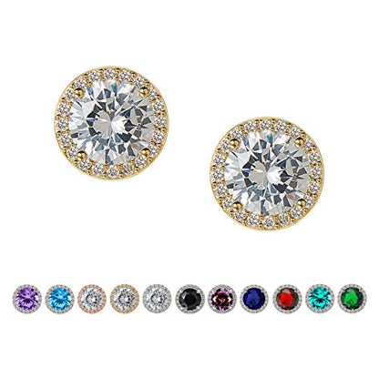 SWEETV Cubic Zirconia Stud Earrings, 8mm Round Cut, Rhinestone Hypoallergenic Earrings for Women & Girls | 9mm Round Cut Hypoallergenic 925 Sterling Silver Stud Earrings for Bridal Bridesmaid Prom Weddings Parties,Silver - color: 04.Gold