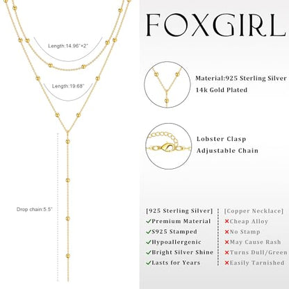 Foxgirl Lariat Gold Necklace for Women, Dainty Long Necklace 14k Gold Plated/Silver Y-Shaped Pendant Necklace Trendy Layered Cz Beaded Chain Drop Necklaces Simple Gold Jewelry For Women Gift - color: sterling silver Y Necklace