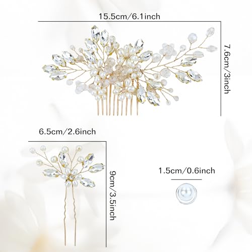inSowni 17 Pieces Gold Metal Rhinestone Pearl Wedding Bridal Hair Side Comb Slides+U-shaped Flower Hair Pins+Pearl Twist Spiral Hairpins for Brides Bridesmaids Women Girls - color: Gold