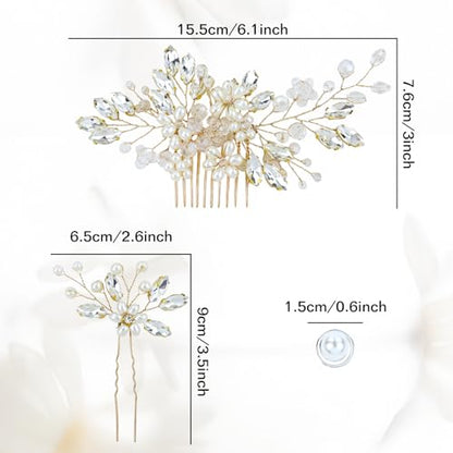 inSowni 17 Pieces Gold Metal Rhinestone Pearl Wedding Bridal Hair Side Comb Slides+U-shaped Flower Hair Pins+Pearl Twist Spiral Hairpins for Brides Bridesmaids Women Girls - color: Gold