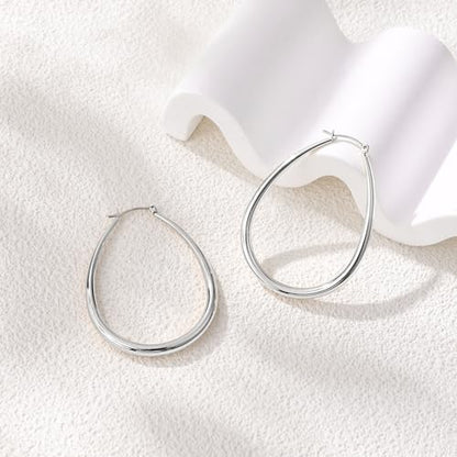 Gacimy Chunky Hoop Earrings for Women, 14K Gold Plated Oval Hoop Earrings with 925 Sterling Silver Post - color: Silver, size: 50mm