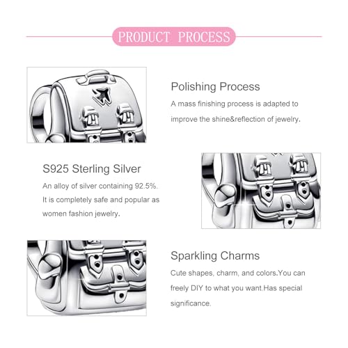 S925 Sterling Silver Cute Bead Charm for Pandora Bracelets and Necklaces | Lucky Clover Cute Animal Pink Bow Cherry Butterfly Pendant Bead Charms Jewelry Making Gifts for Women Valentines Mother's Day - style: Mini Backpack Bead Charm