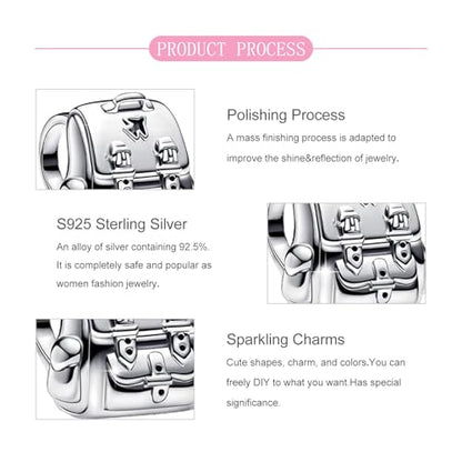 S925 Sterling Silver Cute Bead Charm for Pandora Bracelets and Necklaces | Lucky Clover Cute Animal Pink Bow Cherry Butterfly Pendant Bead Charms Jewelry Making Gifts for Women Valentines Mother's Day - style: Mini Backpack Bead Charm