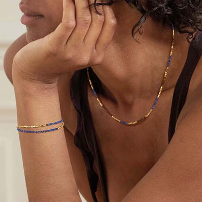 MTMY Beaded Gemstone Choker Necklace for Women | 14K Gold Plated, Colorful Natural Stone, Bead Chain, Boho Summer Beach, Handmade Jewelry - color: Lapis Lazuli & Tiger's Eye