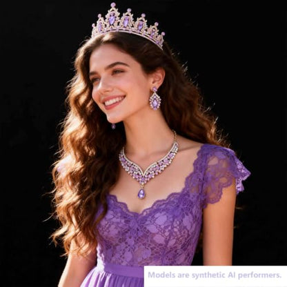 Kamirola Bridal Wedding Tiara Crown Jewelry Set for Women/Brides/Bridesmaids Crystal Jewelry Set for Wedding Prom Party Bridal Crystal Necklace Earrings Bracelet Set(TR60) - color: Gold Purple