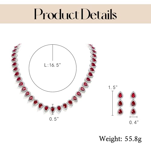 EleQueen Women's Silver-Tone Full Prong Cubic Zirconia Teardrop Bridal Necklace Earrings Set - color: 03-Ruby Color