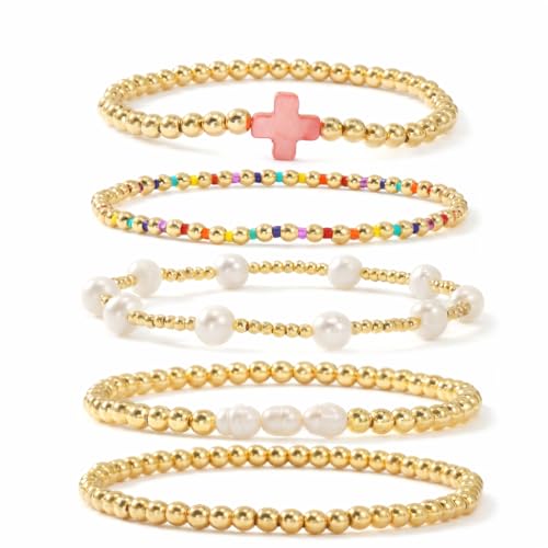 Gold Bracelets for Women, Beaded Cross Stack, Non Tarnish Set，Set-1 | Gold Beaded Bracelet Stack with Stretch Fit, Waterproof Finish and Dainty Design for Everyday Wear and Gifts - color: Colors-3