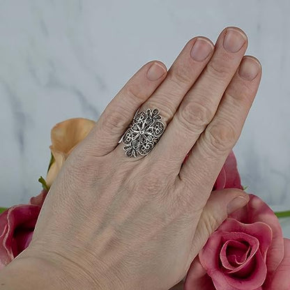 Filigranist 925 Sterling Silver Artisan Made Handcrafted Lace Embroidery Filigree Art Women Cocktail Statement Ring - style: Cross