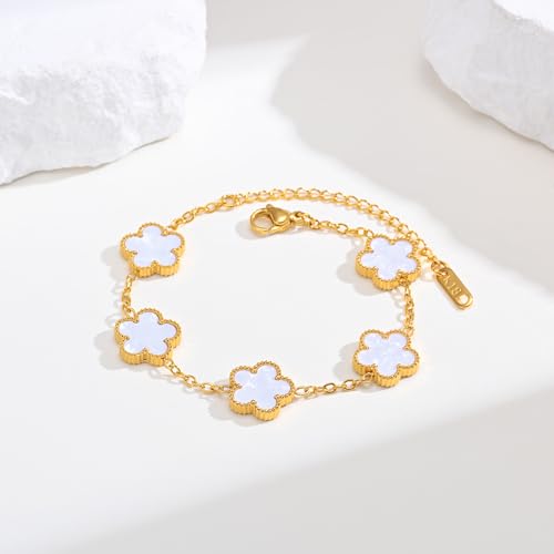 Women Gold Bracelets Jewelry Set - 3Pcs 18K Gold Plated Floral Bracelet,Stainless Steel Charm Bracelet Non-Tarnish,Adjustable Lucky Chain Trendy Gift,Christmas Valentines Birthday Gifts for Girlfriend - style: White